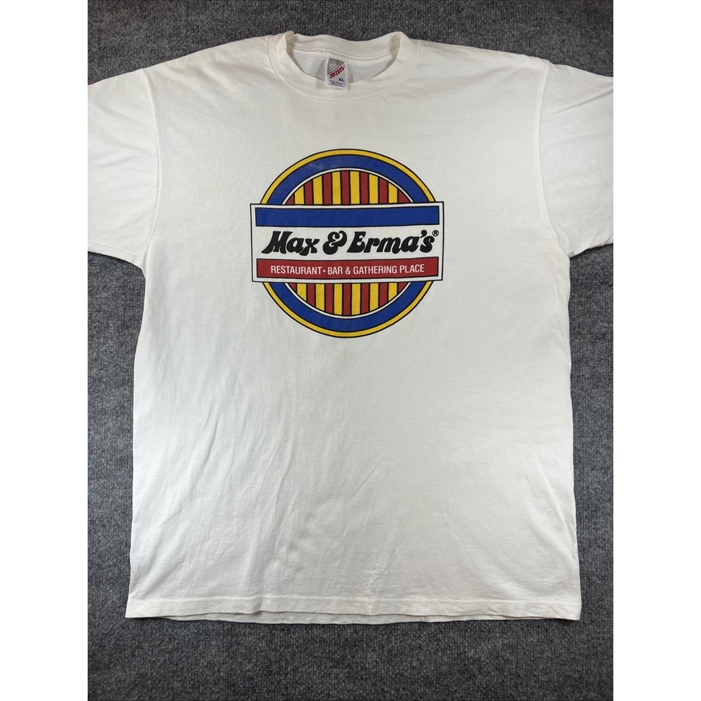 Vintage 90s Max & Ermas Restaurant Promo T-Shirt XL USA Made Jerzees Tag
